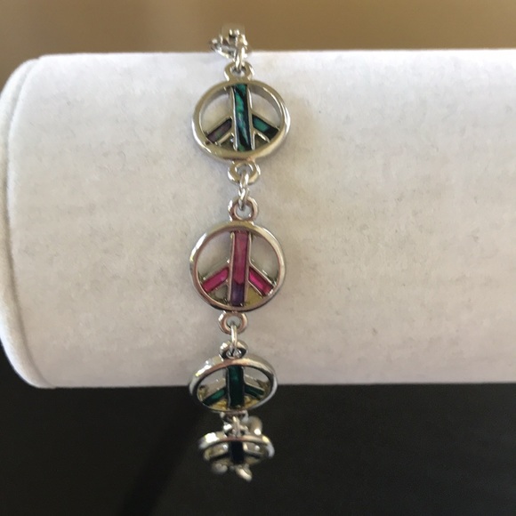 Multicolor Paua Sea Shell Peace Sign Bracelet - Picture 2 of 7